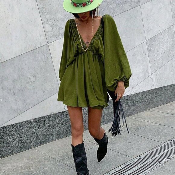 Army Green Sexy Women's V-Neck Solid Color Casual Summer Dress - Picture 1 of 3